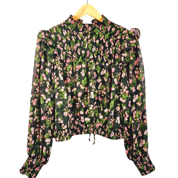 Olivaceous Medium Top, Floral, Ruffled, Smocked, Cottage Core, Boho, Blk/Grn/Pnk - Picture 1 of 15